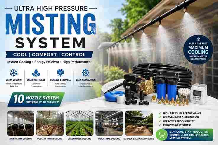 Ultra High Pressure Misting System banner showing high-pressure cooling mist nozzles with pump, filters, timer, pipe and accessories for dairy farm, poultry farm, greenhouse, industrial and outdoor cooling applications.